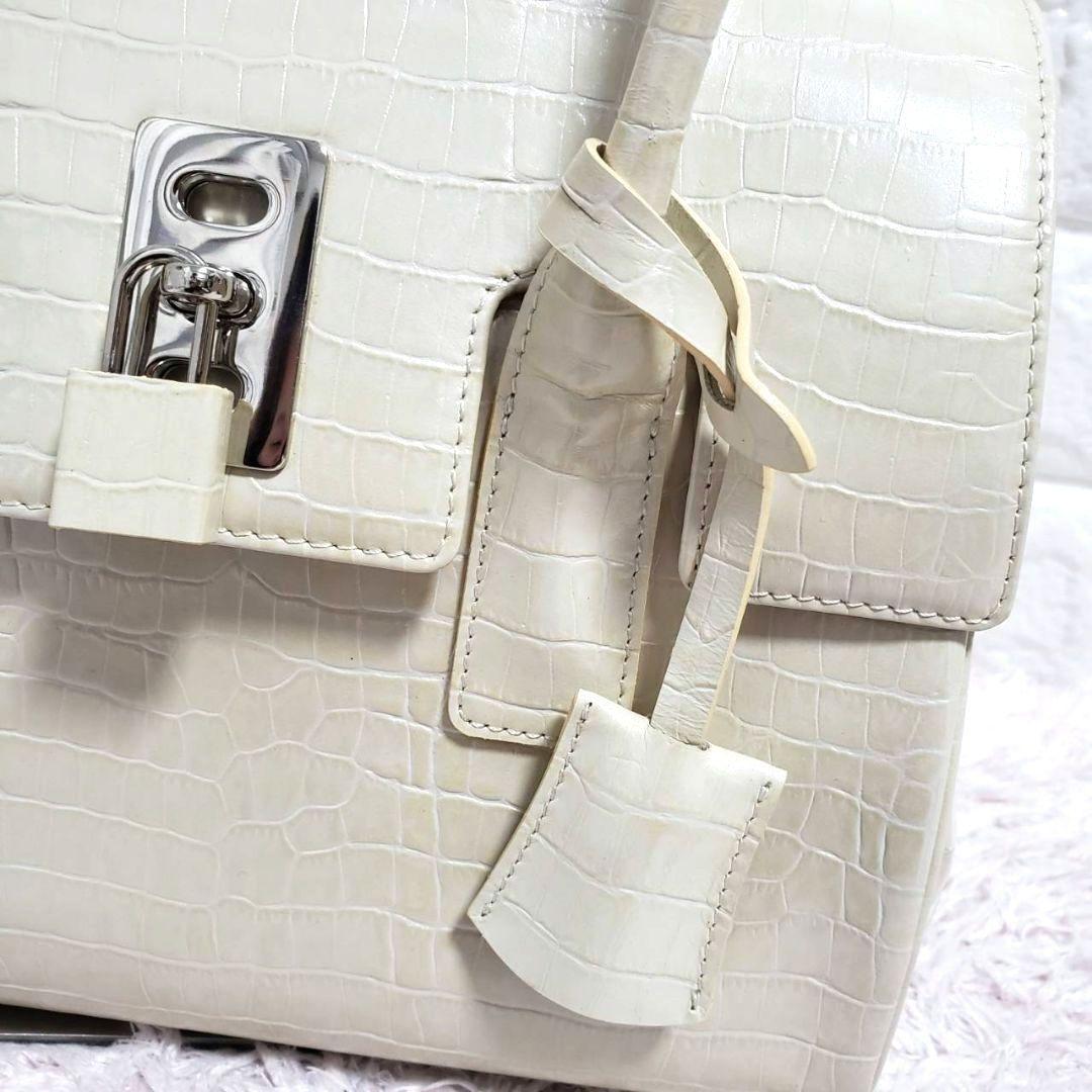 傳濱野 HAMANO 濱野 クロコ 型押しパールホワイト南京錠ハンドバッグ 美品