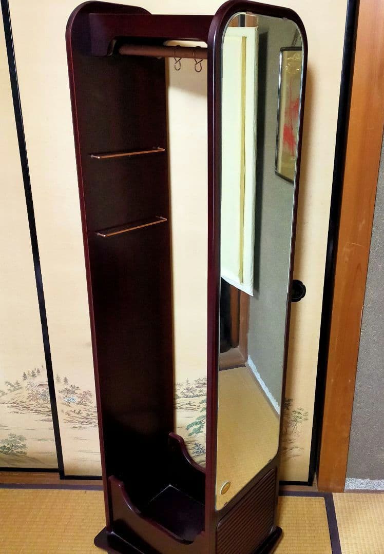 最終価格　希少　木製ハンガーラック　ミラー、キャスター付　最高級胴引　162cm