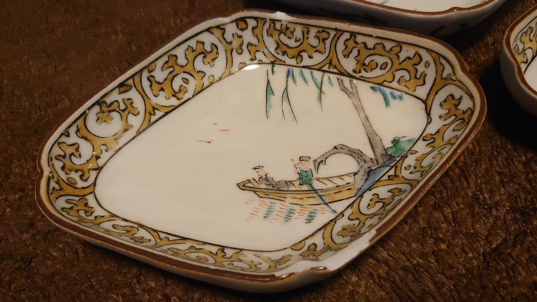 古九谷　九谷焼　色絵　菱形皿　蔵出し　３種　３客