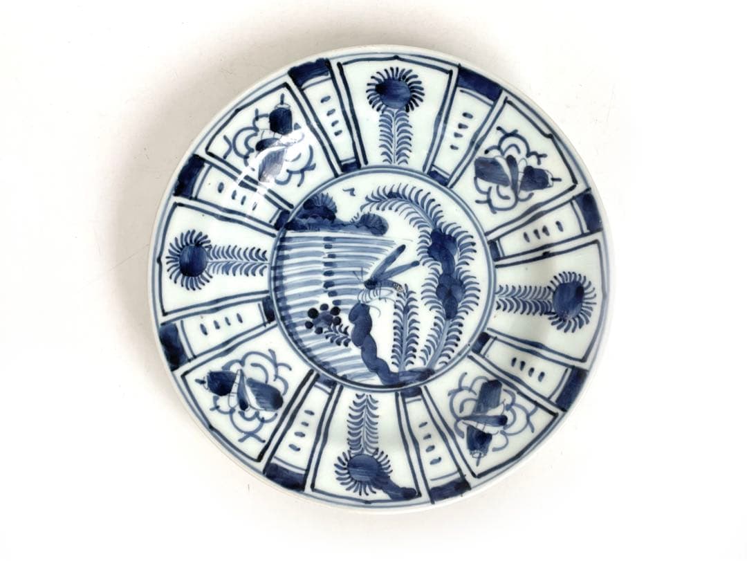 骨董　アンティーク　古伊万里　染付　芙蓉手　飛蝗図　七寸皿　箱付き　渦福