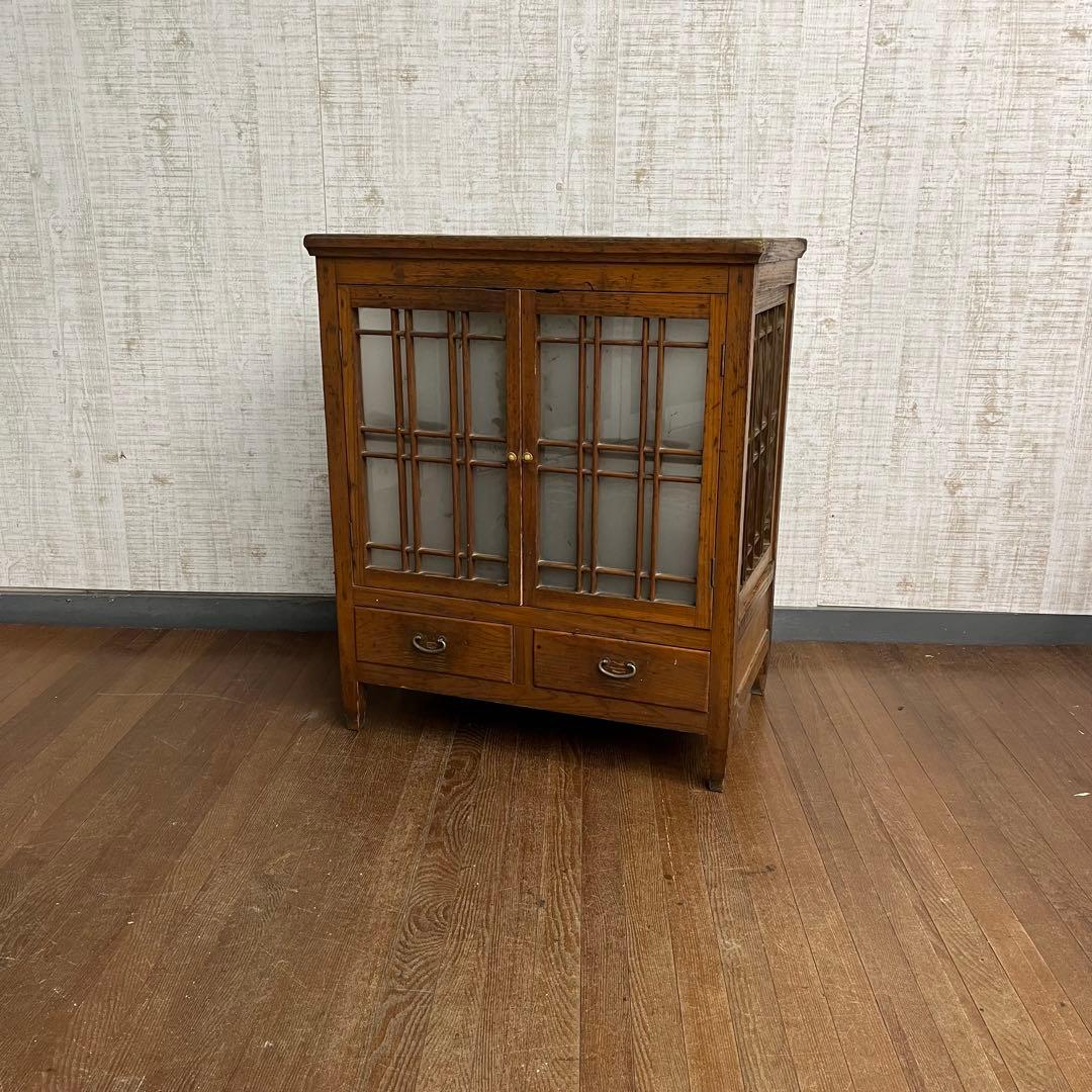 【アンティーク】昭和レトロ ガラス戸棚 食器棚 小引出し キャビネット 古家具