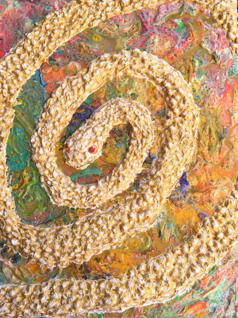 祈雨　白蛇　金色　神秘　絵　絵画　アクリル画　原画　　額付き　インテリアアート