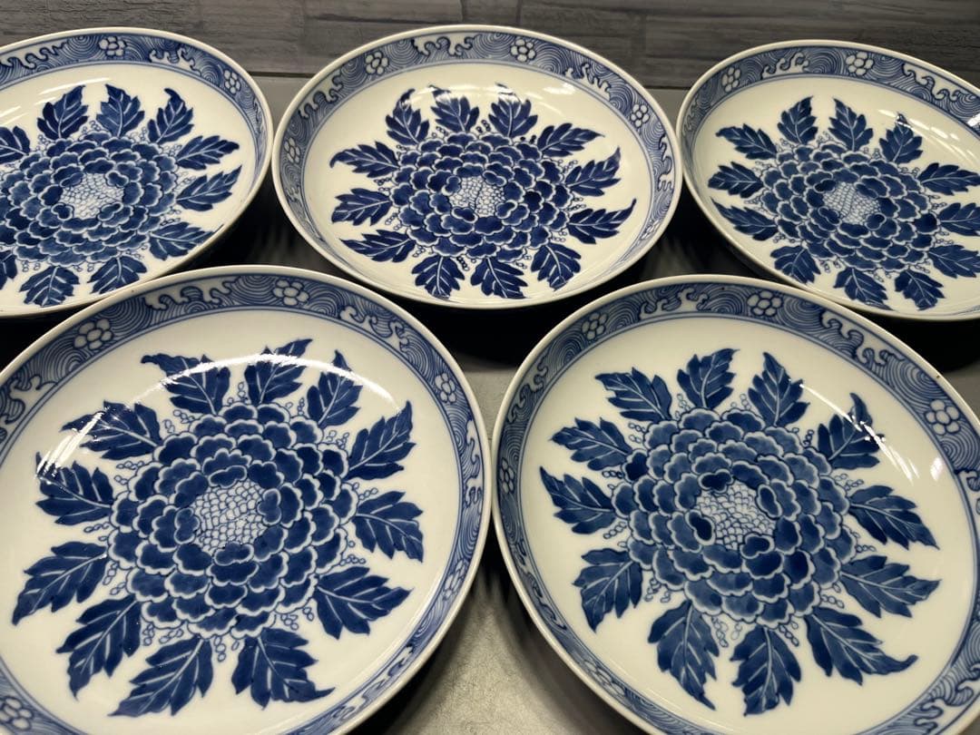 古伊万里　牡丹　染付皿　五枚　上がり良好！