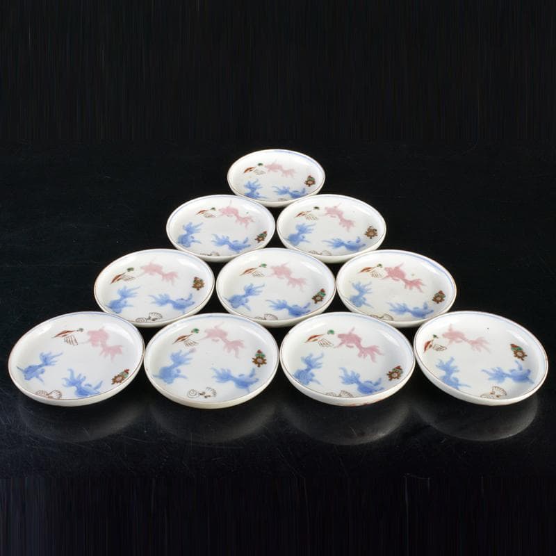 瀬戸焼　古瀬戸　染付桃釉　金魚文　手塩皿　十客　C　R7355