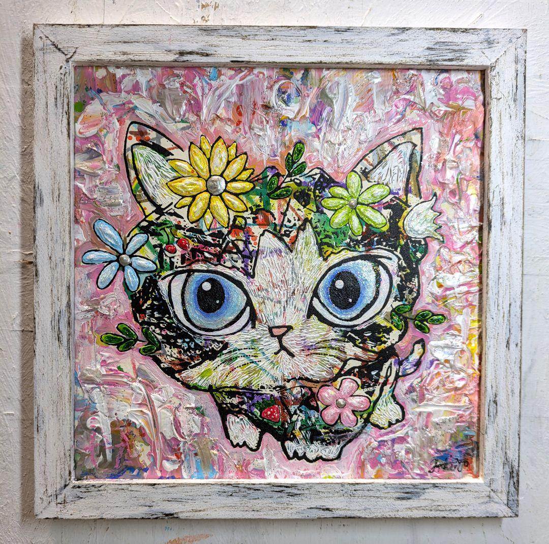 手作り額付きシルクスクリーン絵画　title「力餅ニャンコ」