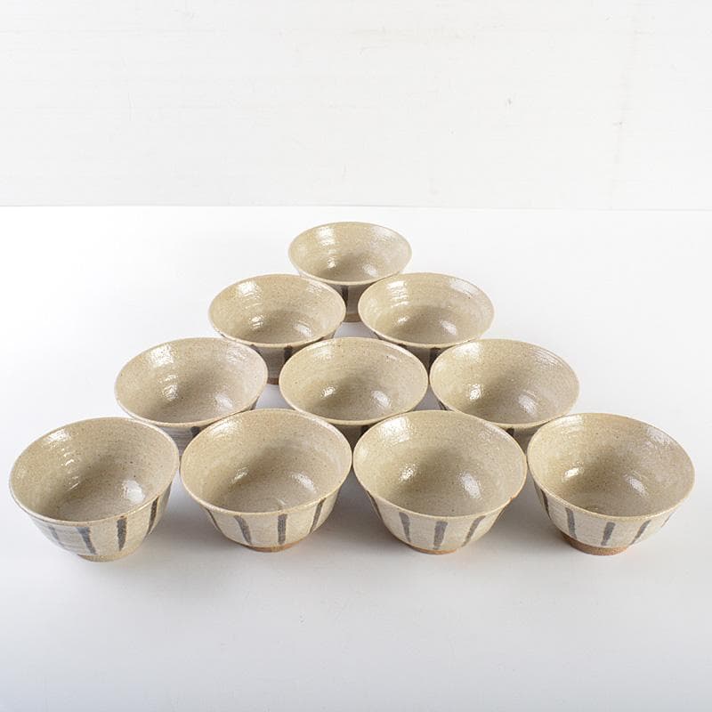 煎茶道具　瀬戸焼　陣出窯　澤田酔云作　線文　湯呑　十客　共箱　C　R7149