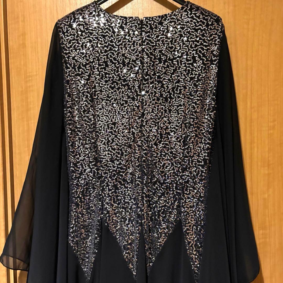 スパンコール刺繍付き ブラック ロングドレス カラオケ衣装 シフォン生地