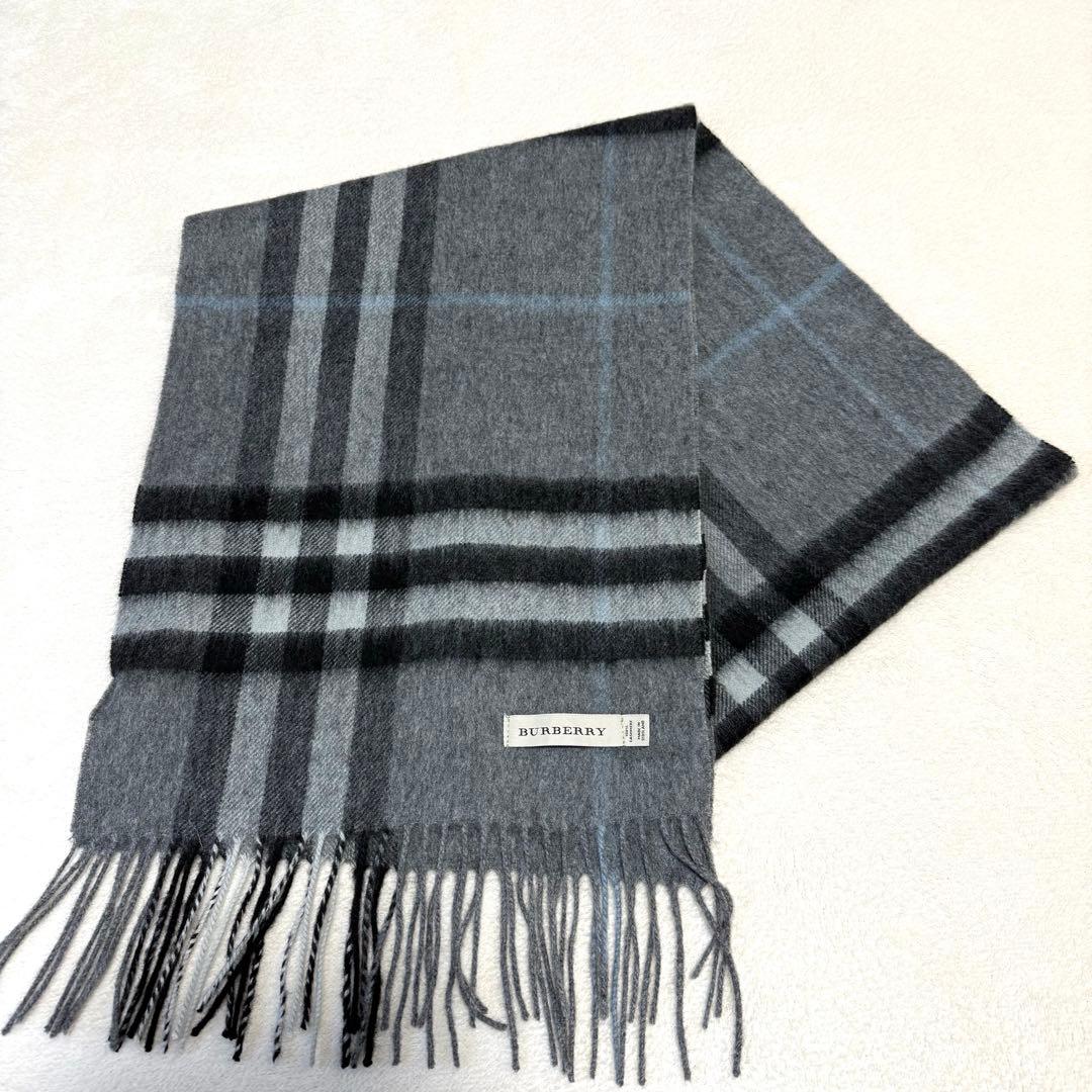 美品　BURBERRY カシミヤ チェック マフラー グレー