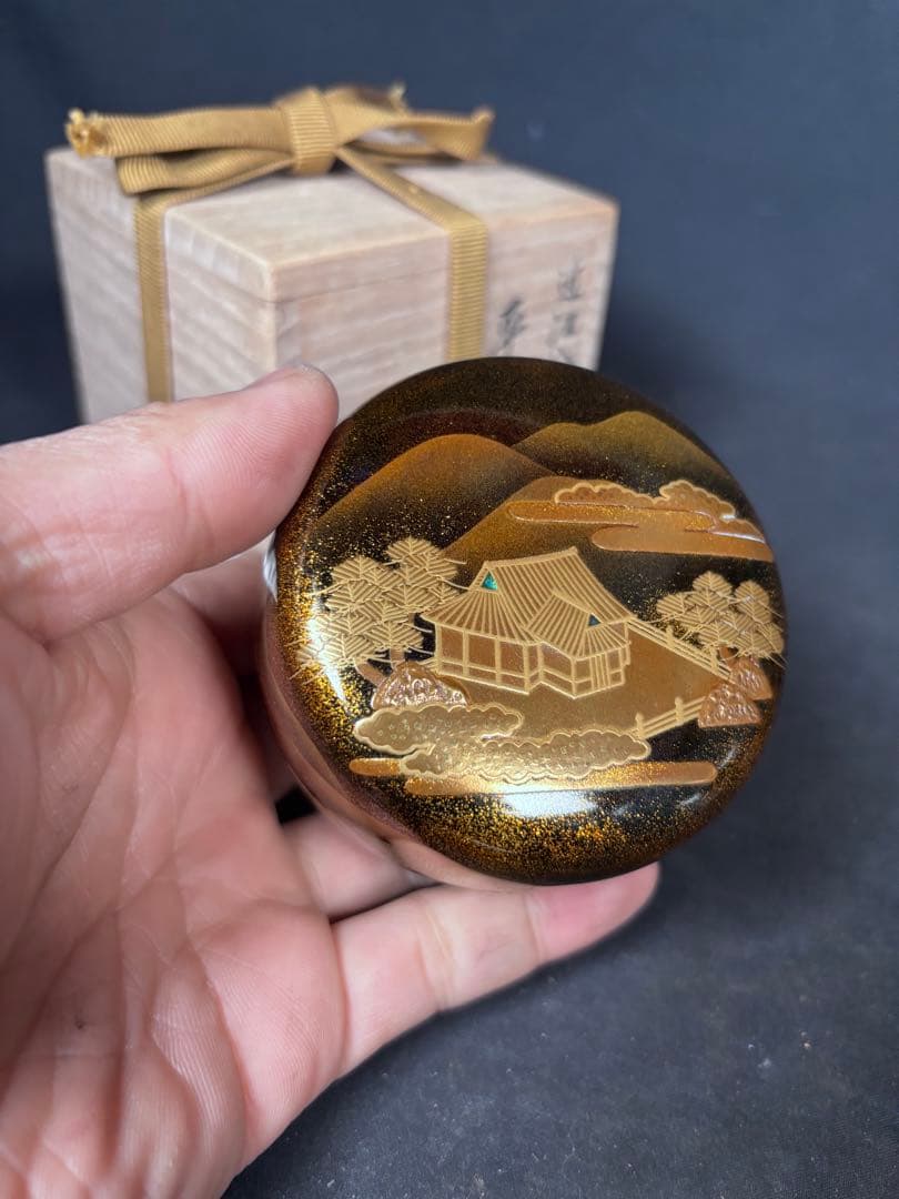 送料無料　近江八景　平棗　金蒔絵　輪島塗　名工　福久清一　在銘　蒔絵　漆器茶道具