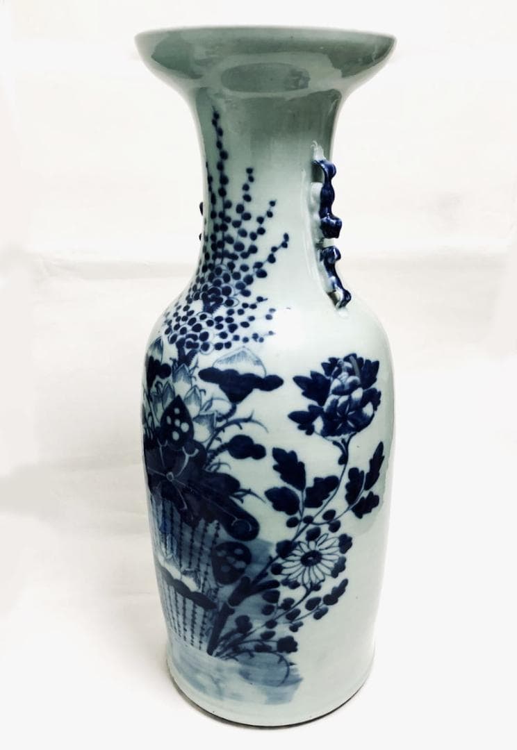 清時代中期 古染付 花紋様 大花瓶 伝世品焼物 青花 呉須 ウブ品WWTT194