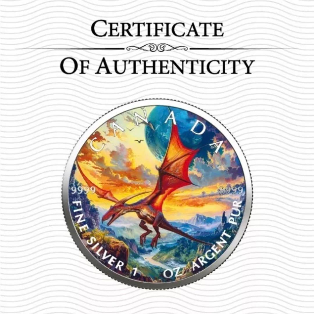 100枚限定！ メイプルリーフ 銀貨 カラー 翼竜 プテラノドン 恐竜 1オンス