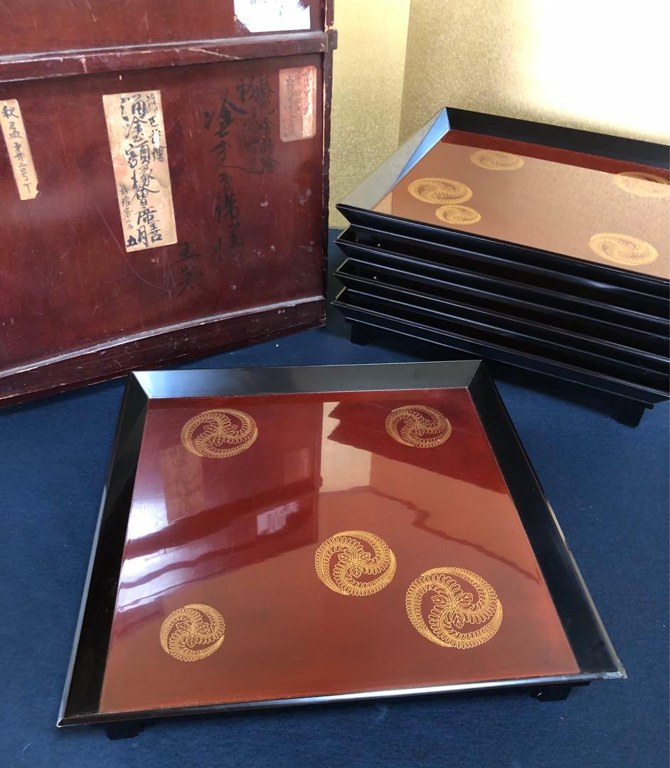 《レ》溜塗 蒔絵付 脚付 会席膳5客 木製漆器 時代 251024い6