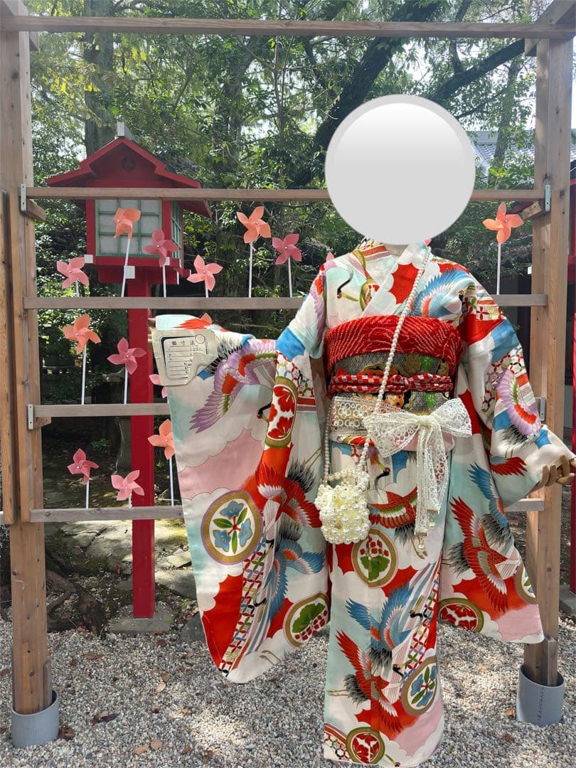 正絹　七五三 赤と白の鶴模様 着物　レトロ　フルセット