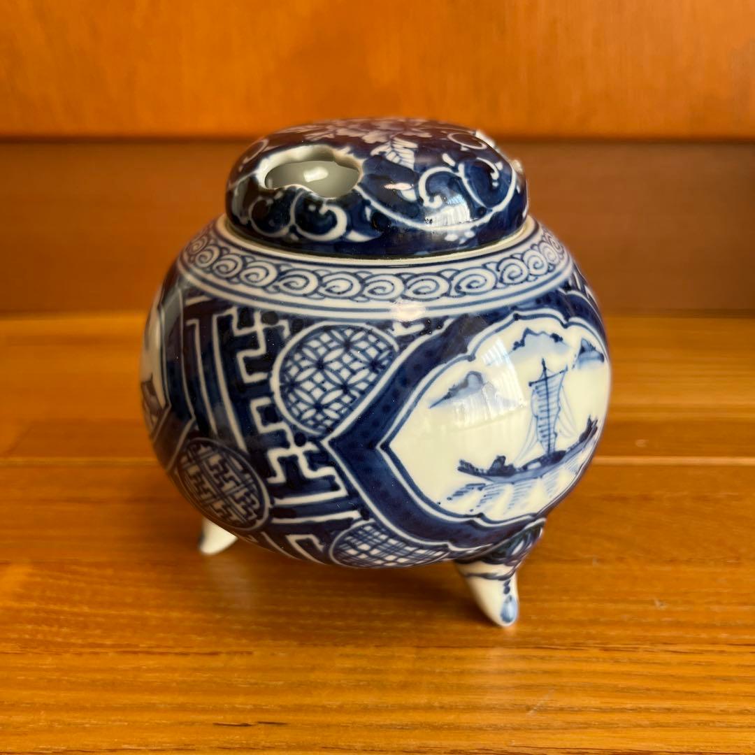 松泉　京都　日吉窯　染付山水　香炉