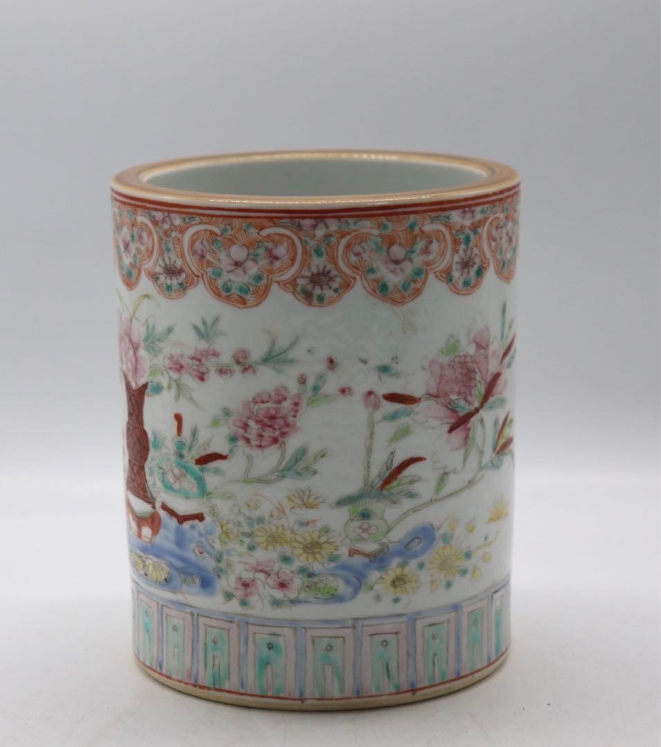 中国　粉彩花卉紋筆入　同治年製　送料込み0814