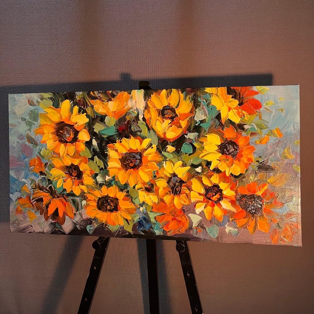 ★秀作★ 手書き油絵 ひまわり 肉筆絵画 インテリア 油彩画