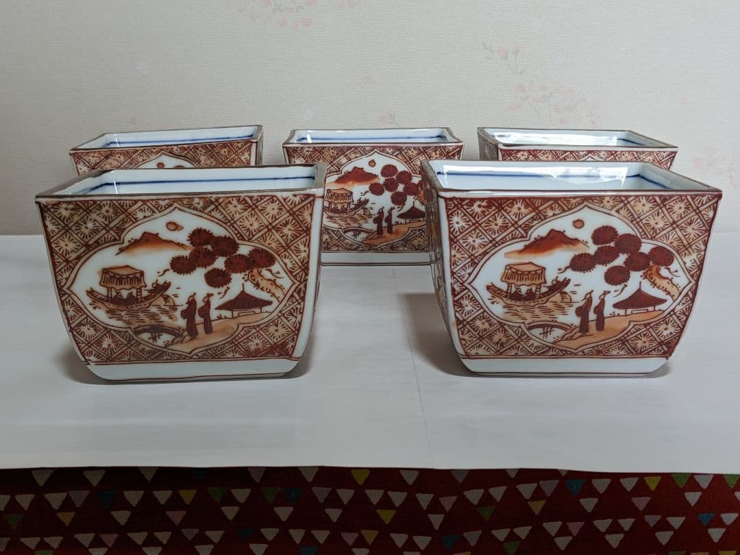 ♦有田焼 胡窯 赤絵 楼閣山水図 四方鉢 向付 九谷焼 茶道具 工芸品 骨董品