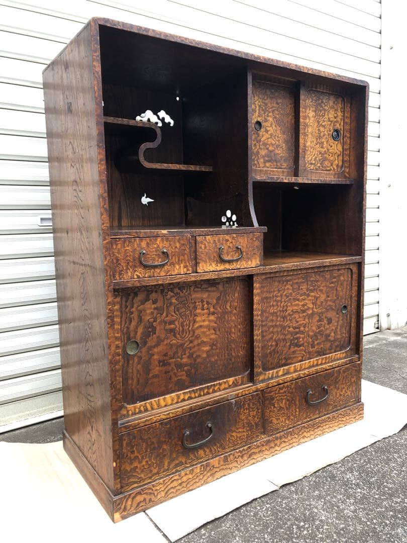 昭和レトロ 透し彫り無垢材 茶箪笥 飾り棚 サイドボード 古家具 ヴィンテージ