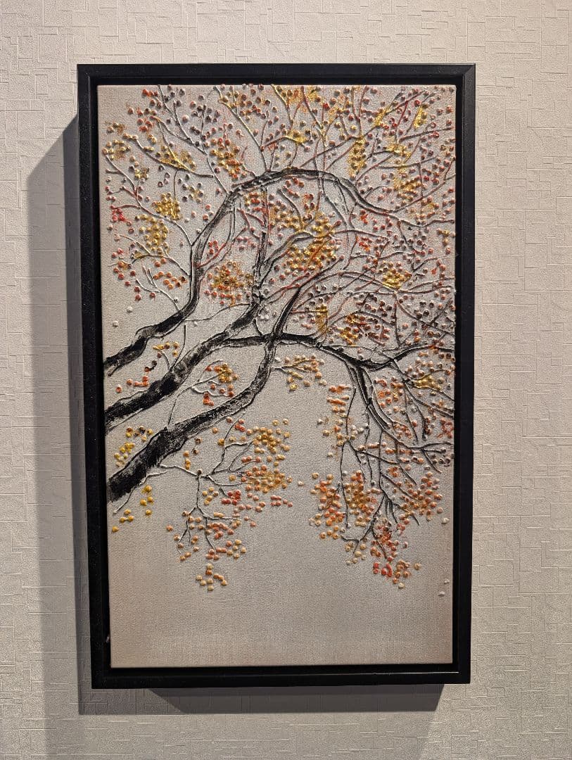 【肉筆】モダンアート 油彩画 「黄金の樹」 額装済み 縁起物