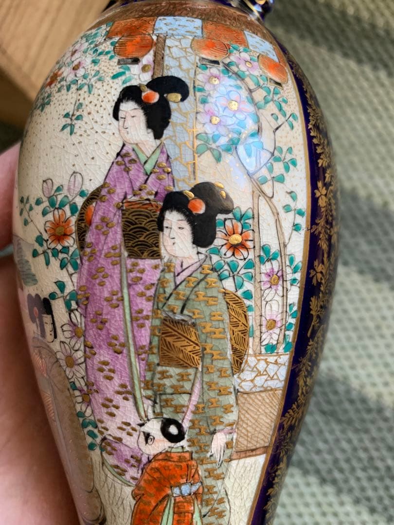 明治時代 薩摩焼「美人図小花瓶」楠部銘 箱付 花瓶 古玩 色絵 花器 古美術