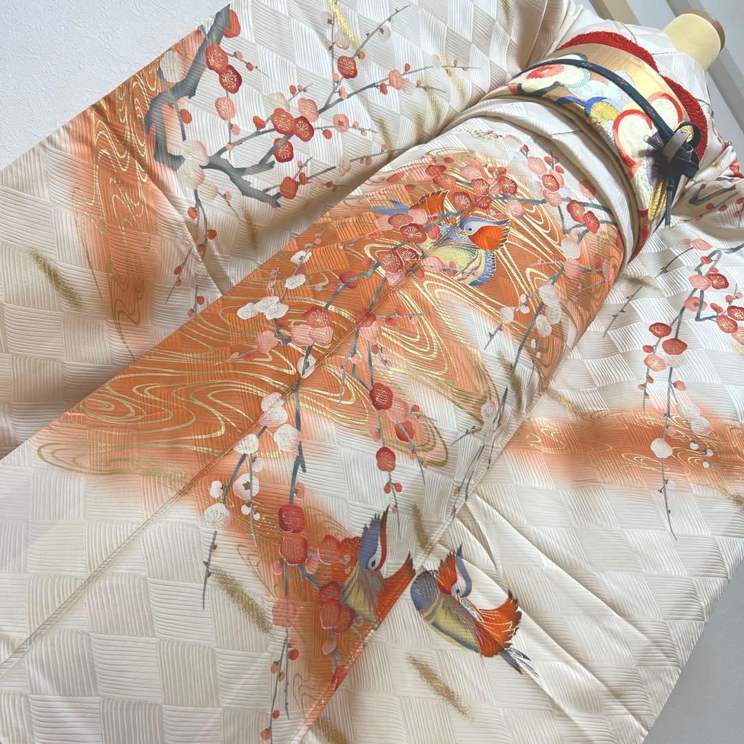 342 振袖フルセット 正絹 オフホワイト 白 橙 赤 金彩 暈し染め 長身さん