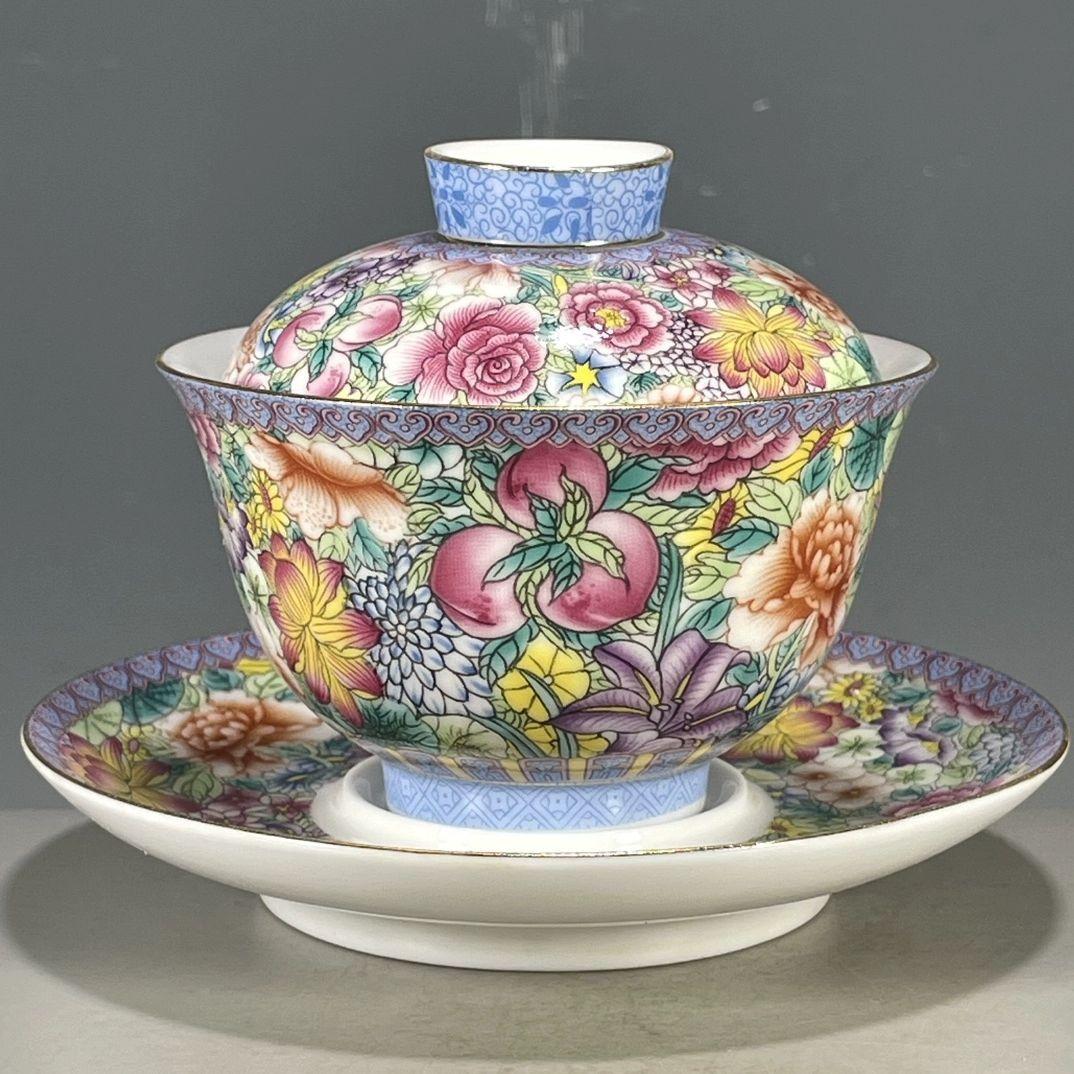 中国茶器 琅彩花卉図紋三才蓋碗 景徳镇 蓋付き茶器 飲茶食器 煎茶具 未使用品