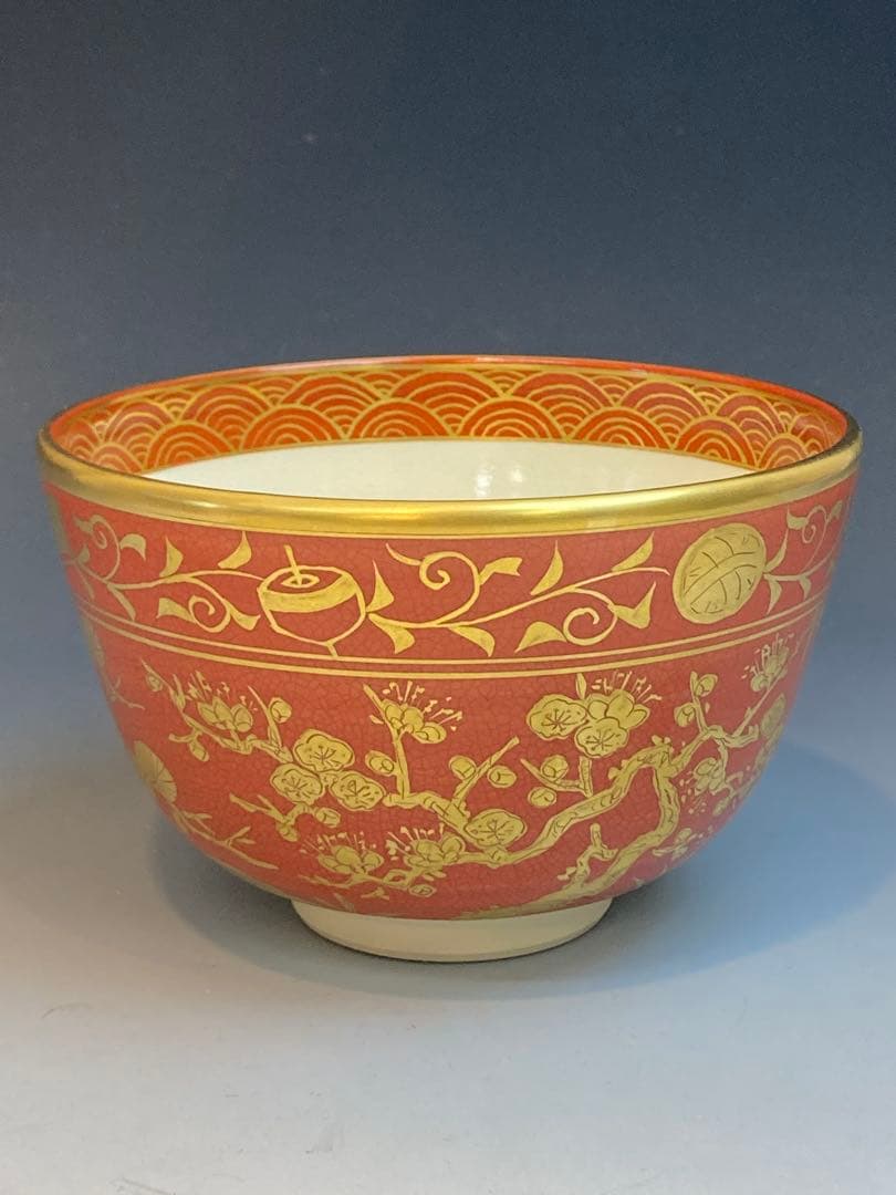 桃山 作 紅地金襴手松竹梅茶碗 共箱 茶道具