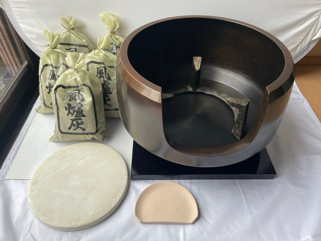 茶道具 風炉一式 6点セット 面取風炉 柿合塗小板 五徳 底瓦 前瓦 風炉灰