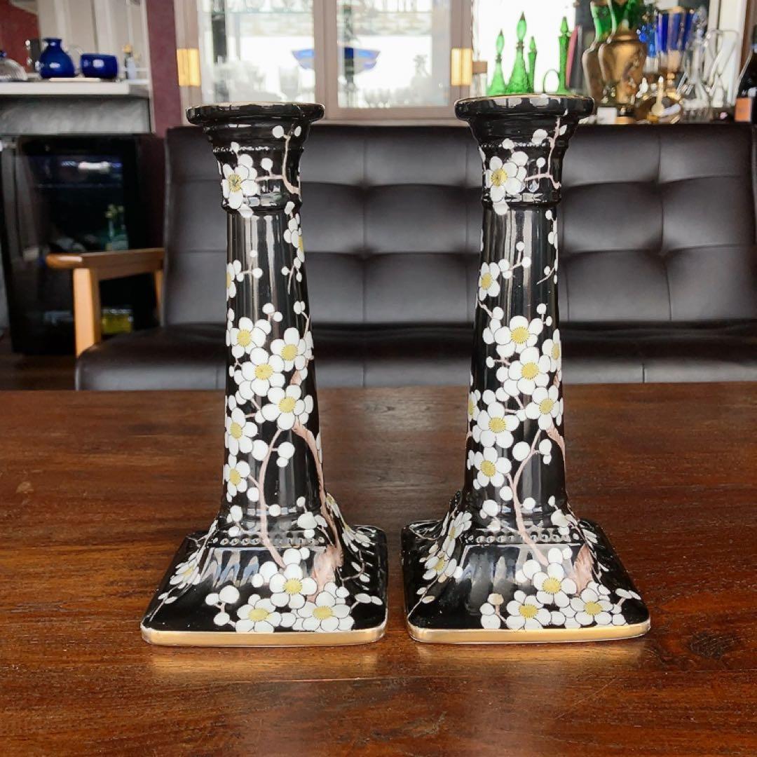 オールドノリタケ 黒地×白梅 アンティーク燭台 金縁 アンティーク