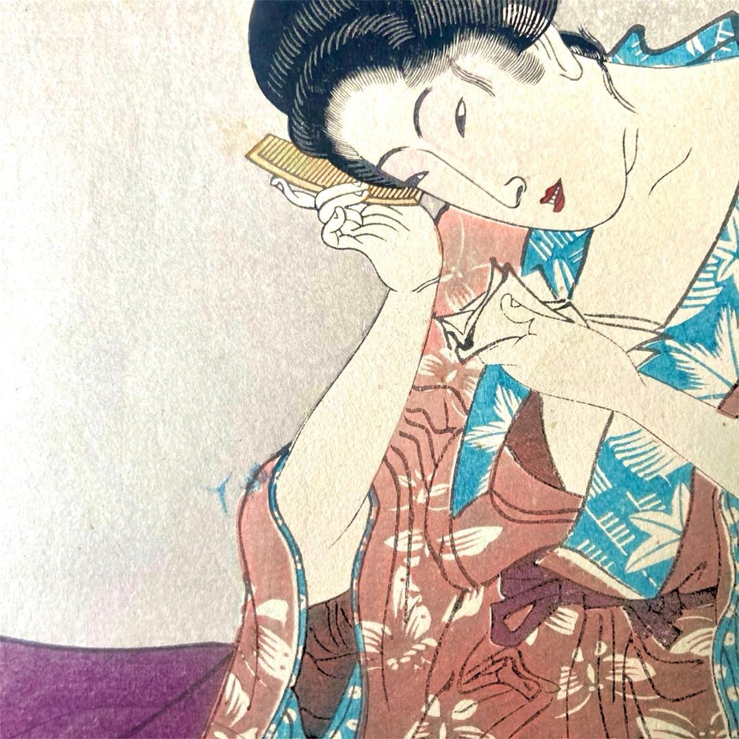 五渡亭国貞　美人画　浮世絵　木版画　髪かき　髪結　櫛　UKIYOE