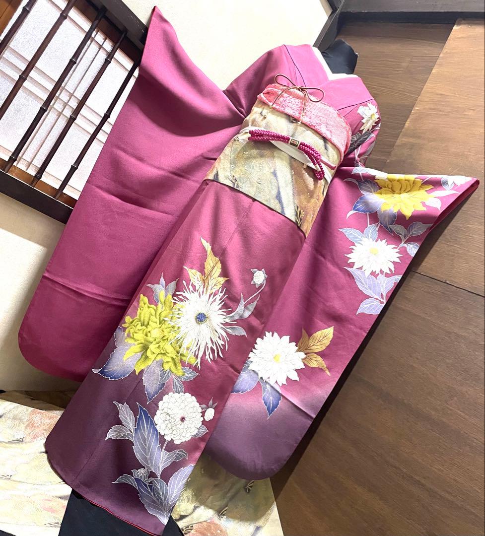 振袖 フルセット6点サイズM〜Ｌ草花　ビーズ　暈し染　金彩　正絹