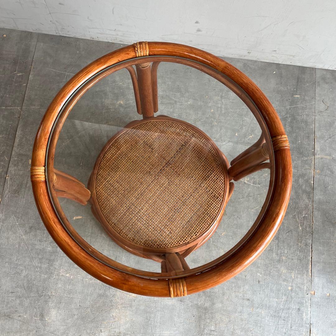 ヴィンテージ ガラス ラタン 籐 テーブル レトロ 丸 ラウンド z372