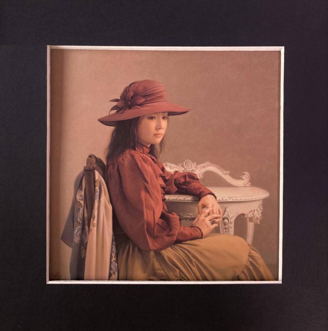 森本草介、【えんじ色の帽子】、希少な額装用画集画、新品高級額 額装付