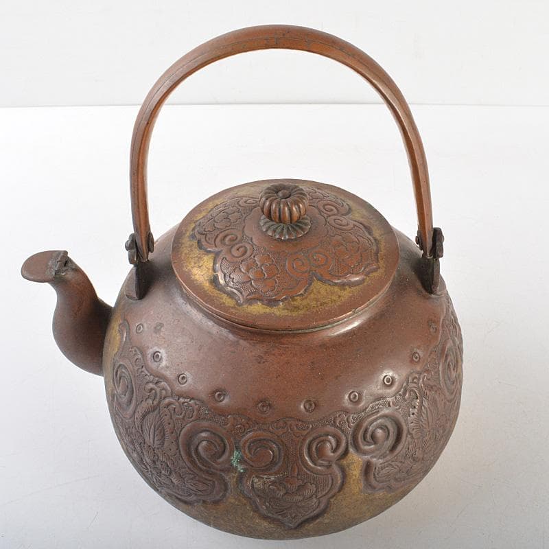 煎茶道具　銅製鎚起　花文　湯沸し　水次　薬缶　M　R6809