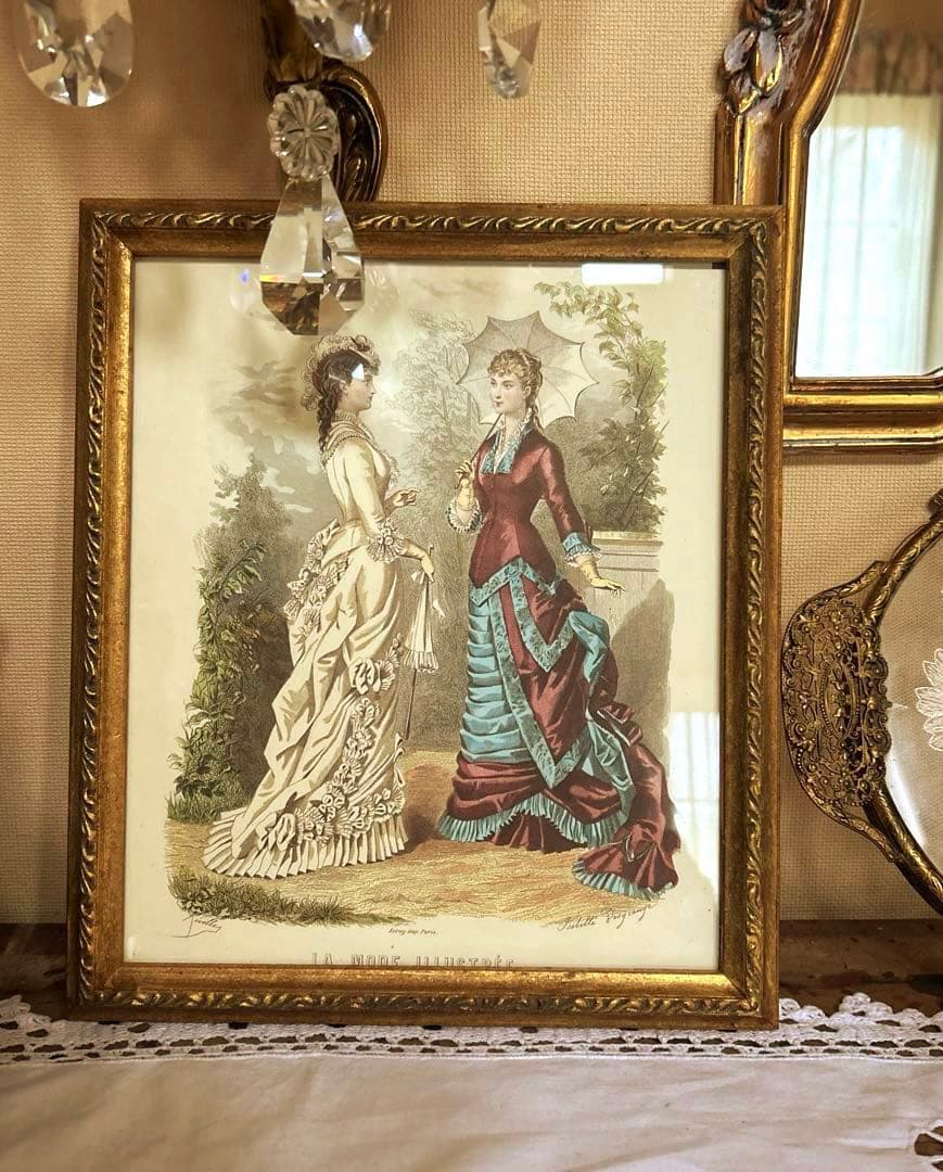 アンティーク版画　19世紀 フランス ファッションプレート 額装手彩色リトグラフ