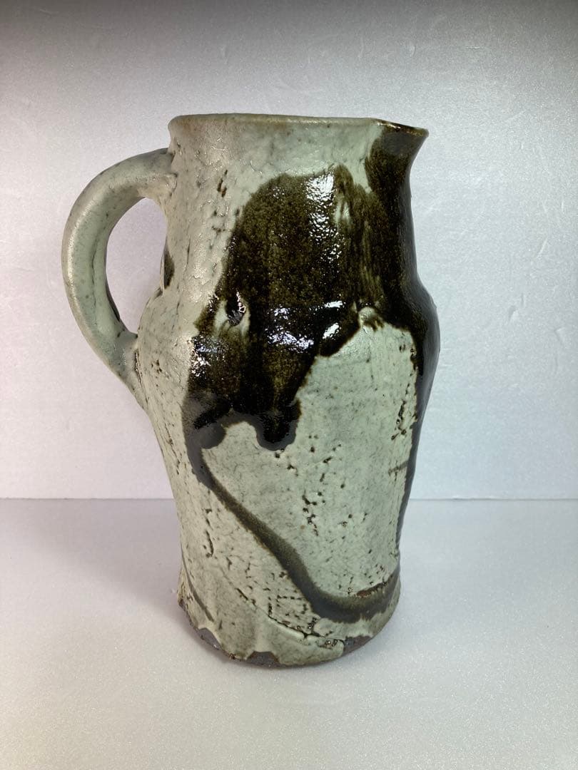 高内秀剛　糖釉把手付瓶　ピッチャー　益子焼　民藝　民芸　花瓶