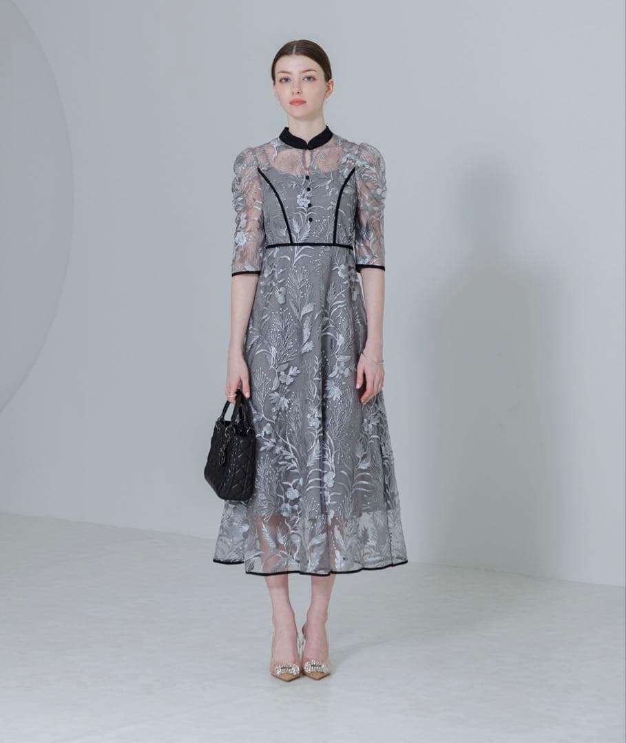 LEJA 花柄　刺繍　レース　チュール　パフスリーブ　ロング　ドレス　ブルー　S