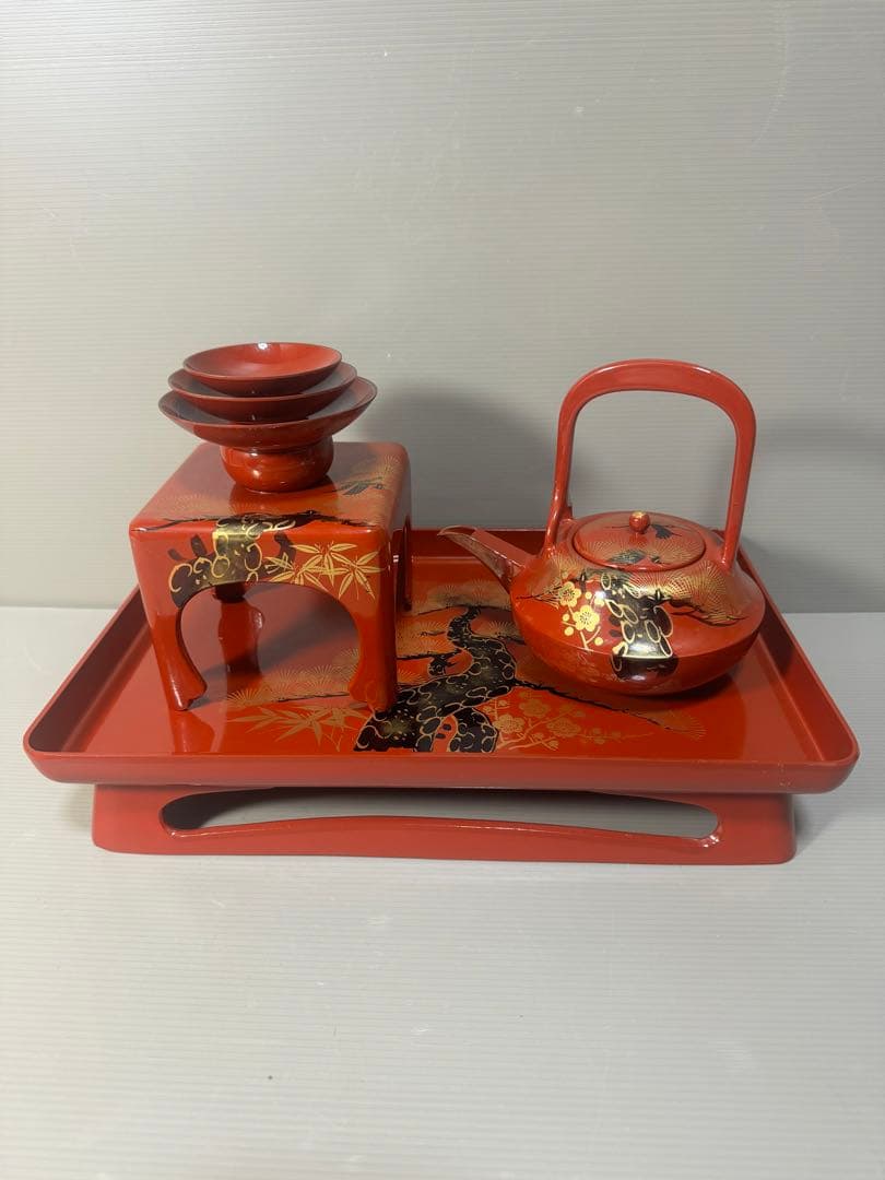 2294 お屠蘇 セット 一式 洗朱 四ツ揃 変り松 クリ足 松台 松竹梅