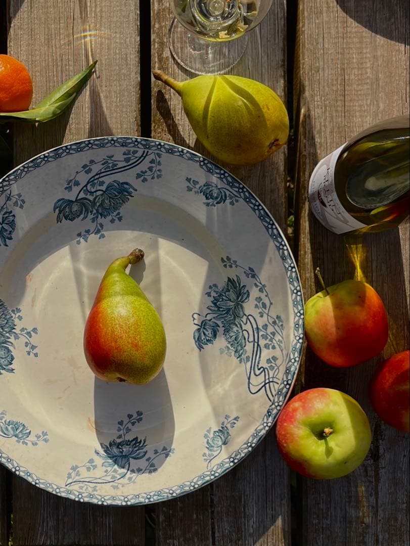 ◆フランスアンティーク｜サングミンヌ30cm大皿プレート花ボタニカル青緑陶器睡蓮