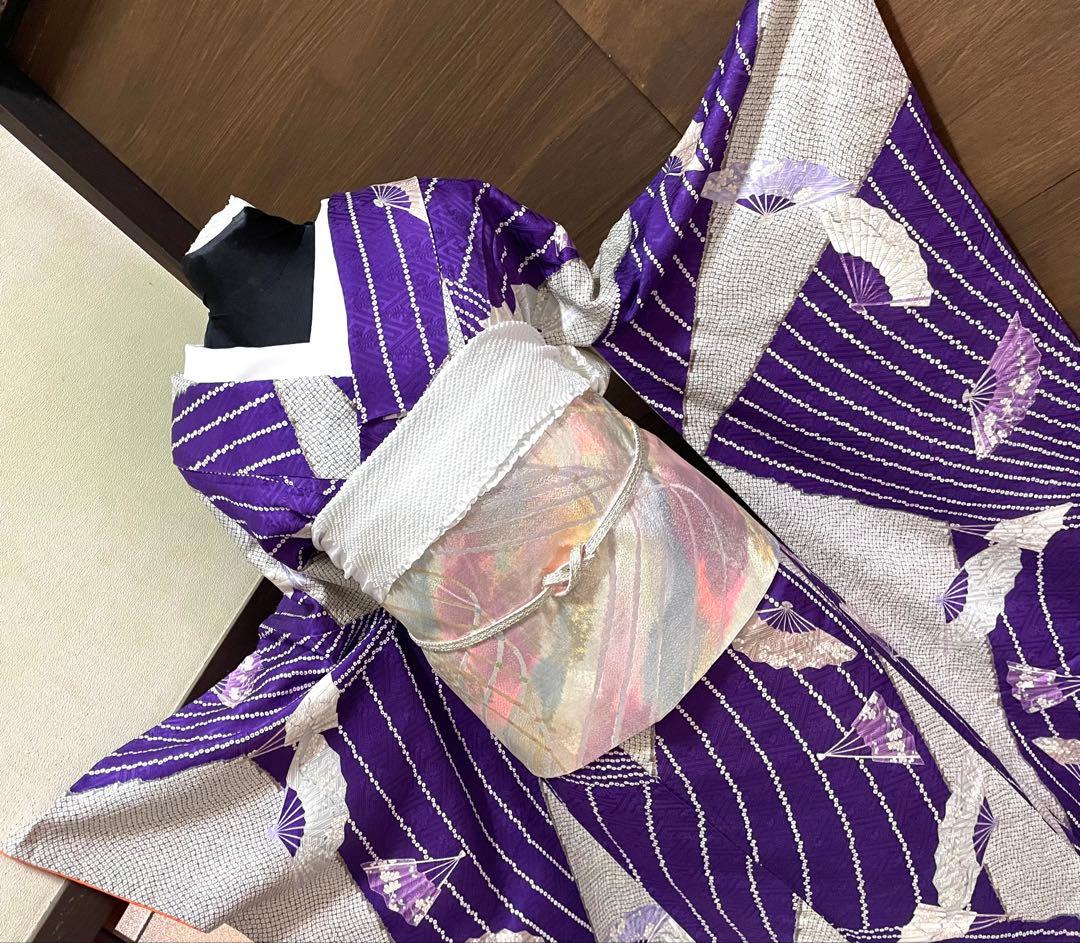 振袖フルセット6点サイズM〜Ｌ檜扇花文　鹿の子　金彩　正絹