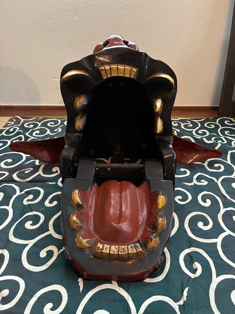 昭和 美品 獅子舞 獅子頭 祝い獅子 木彫り 骨董 唐草模様 風呂敷 希少 レア