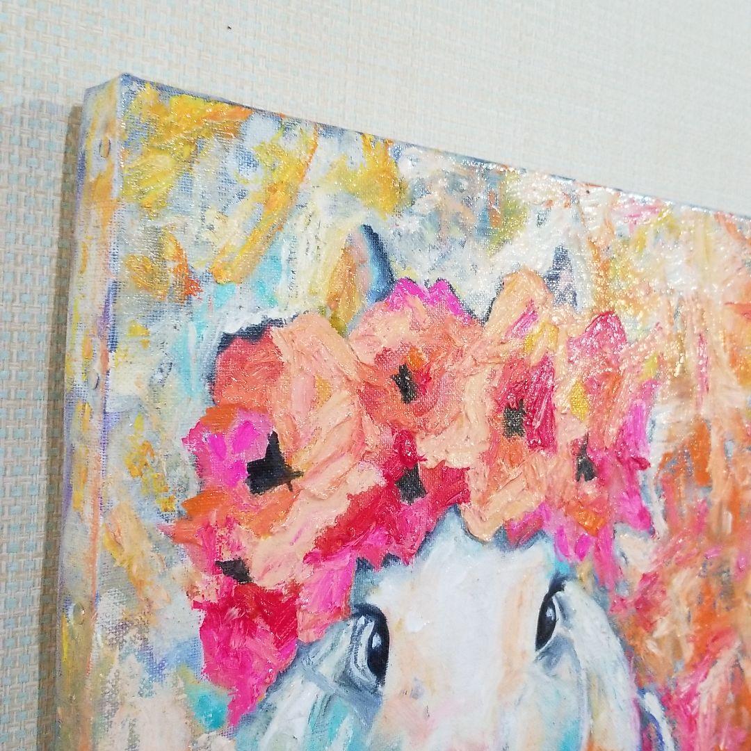 油絵　専用　素焼きのポットに入った花冠のうさぎ