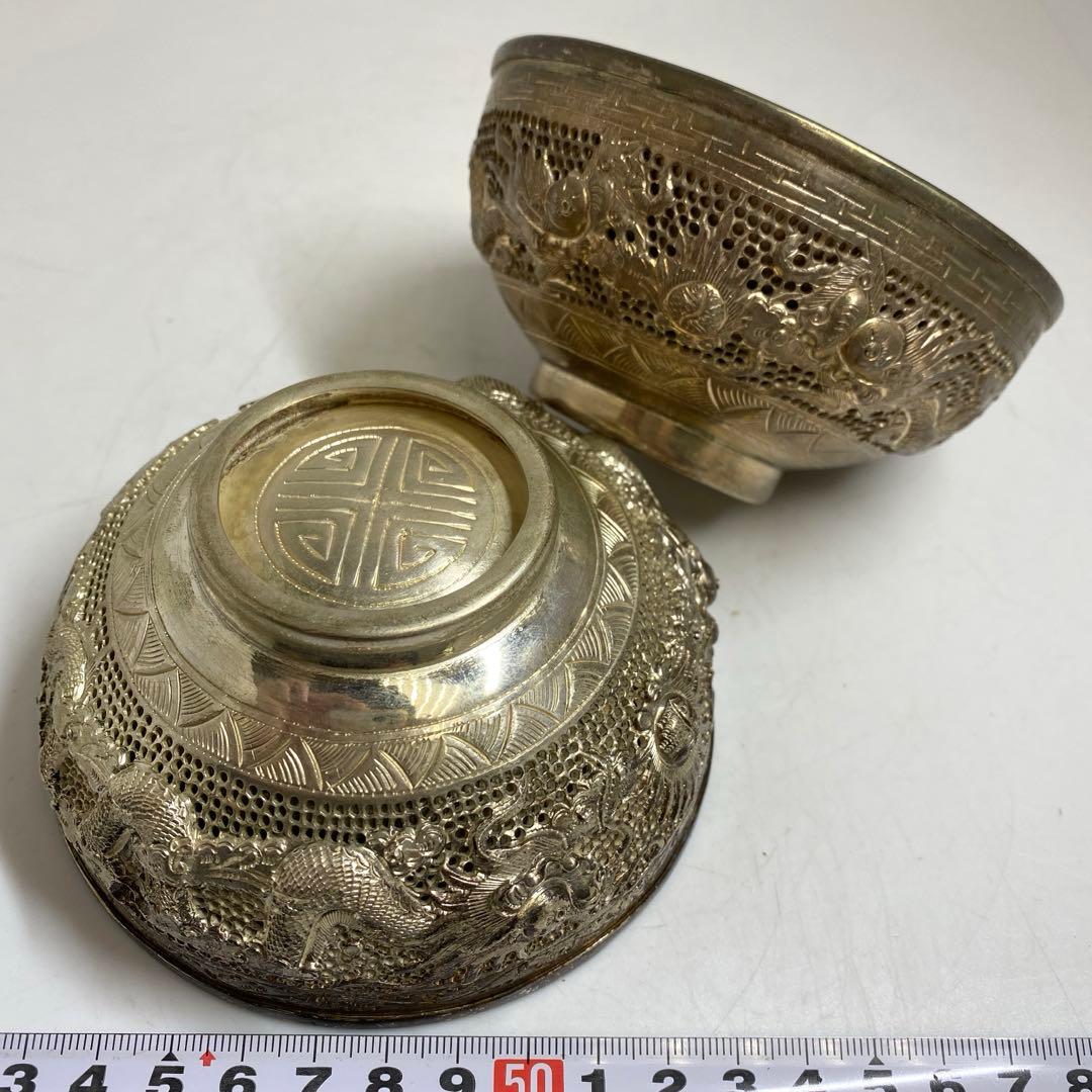 中国古玩　龍銀細工茶碗　2客　直径11.3㎝　521gタサオ　東な8-0104③