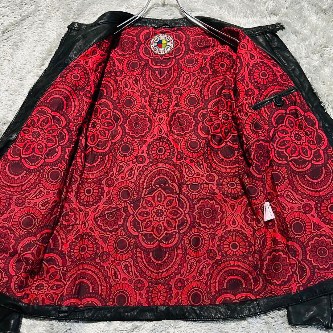 美品 希少L フリークスストア 羊革 シングルライダースジャケット 裏地赤 総柄