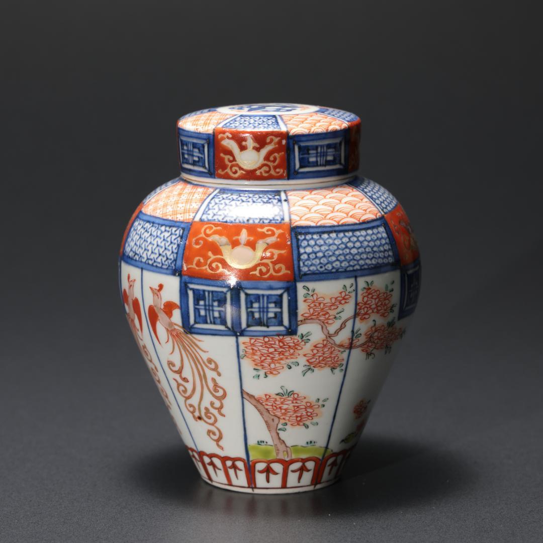 伊万里色絵花鳥図　茶壺　古伊万里　骨董　R1181お12