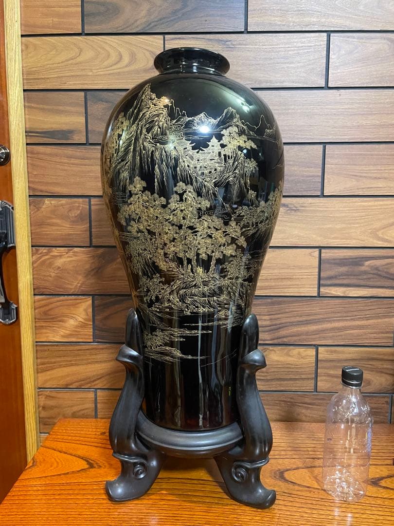 中国古玩　福建漆器 金彩画　大花瓶　台付