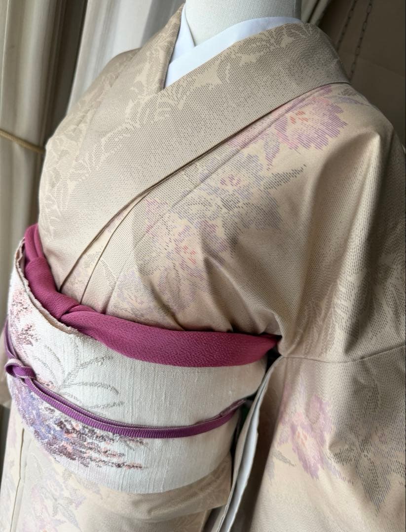 memeko 正絹 白大島紬小紋 ベージュ×グレー×パープル 横双 単品