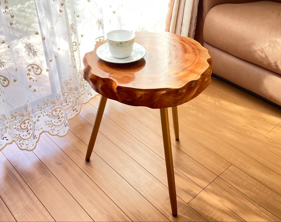 一枚板　無垢　サイドテーブル　ゴールド色脚