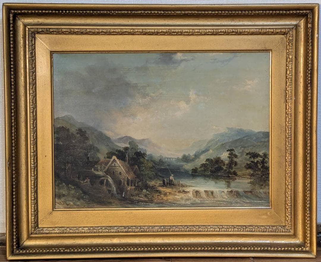 【真作】絵画　油彩　水車小屋と渓流　古典ヨーロッパ風景画　クラシック　X173