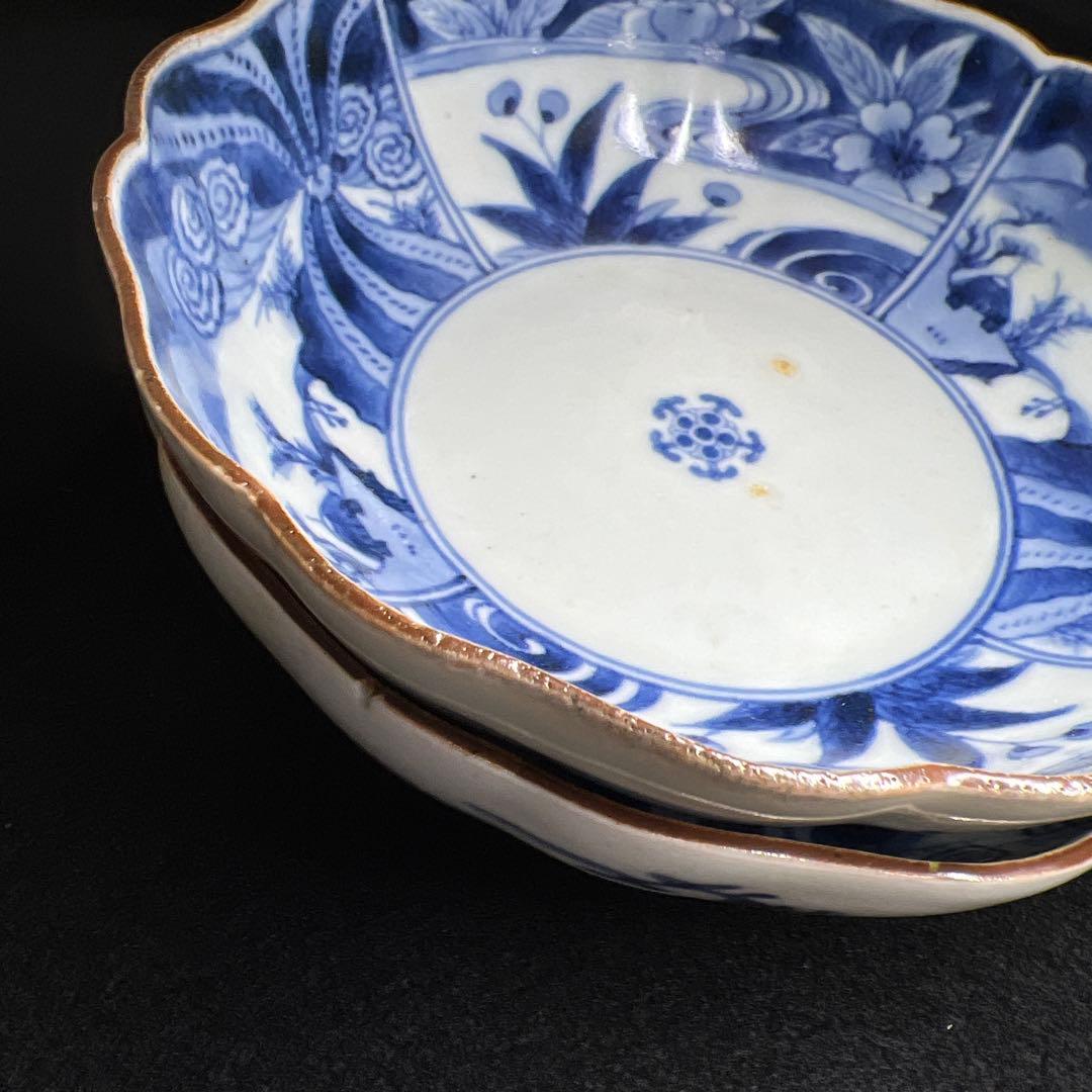 江戸中期　藍柿右衛門手輪花膾皿5枚　幅約14㎝　東Y8-0106☆2F